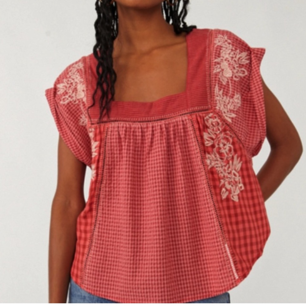 Free People Red Floral Embroidered Square-Neck Top